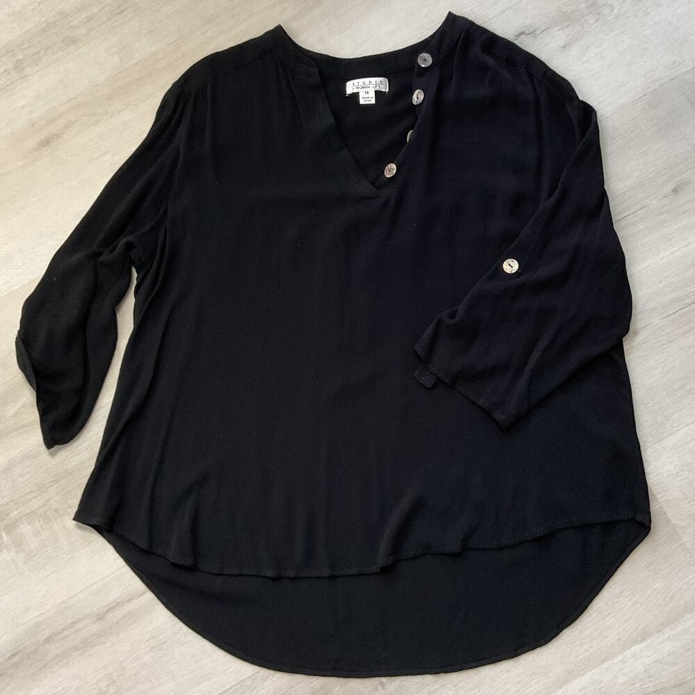 Studio Woman JPR V Neck Button Blouse 3/4 Sleeve Black Womens 1XL